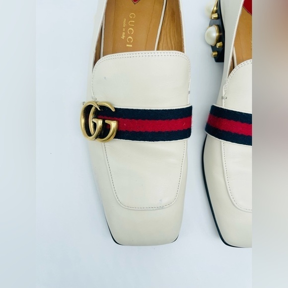 GUCCI Peyton Pearl GG Embellished Web White Cream Leather low heel loafers 37.5 - Picture 4 of 12